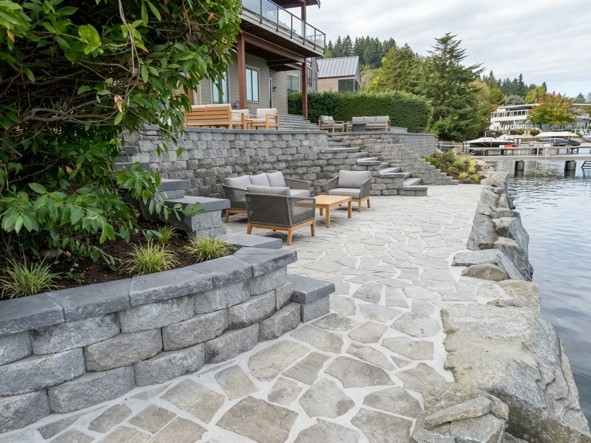 Lakeside flagstone patio with block retaining walls, steps and outdoor seating