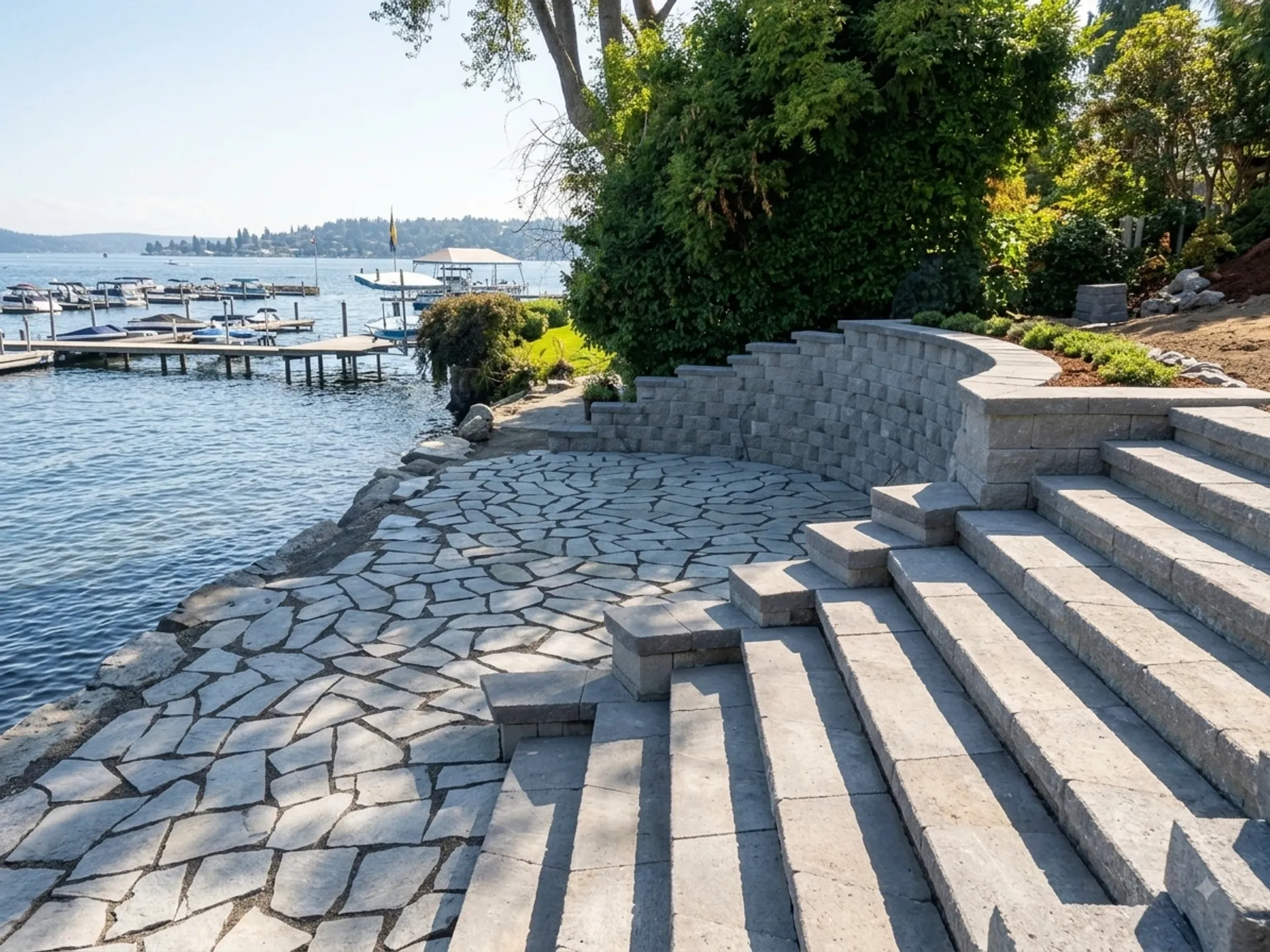 Flagstone patio with a curved block wall and wide steps down to the lake